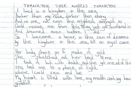 An excerpt from Yvonne's handwritten copy of her poem, "Thank you, thee angels, thank you." Photo copyright 2016 Unbound. All rights reserved.