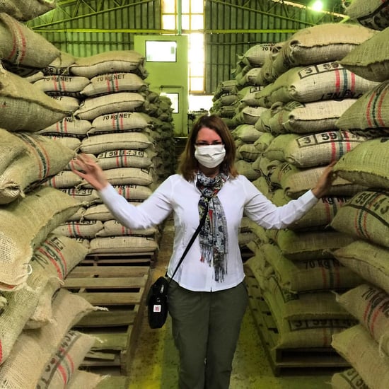 Surrounded by bags of Colombian coffee in the Carcafe dry mill.