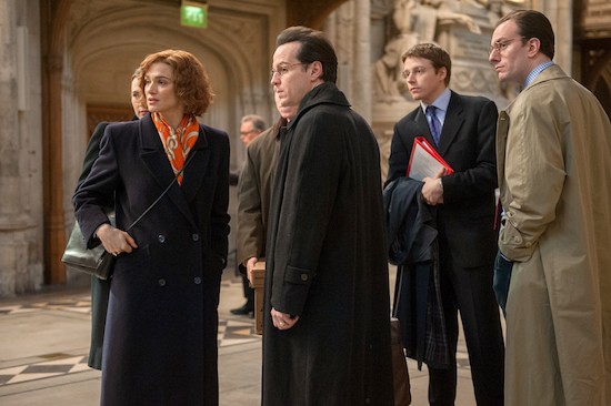 (l to r) Rachel Weisz stars as acclaimed writer and historian Deborah E. Lipstadt, Andrew Scott as Anthony Julius, Jack Lowden as James Lisbon and Pip Carter as Forbes Watson in DENIAL, a Bleecker Street release. Credit: Liam Daniel / Bleecker Street
