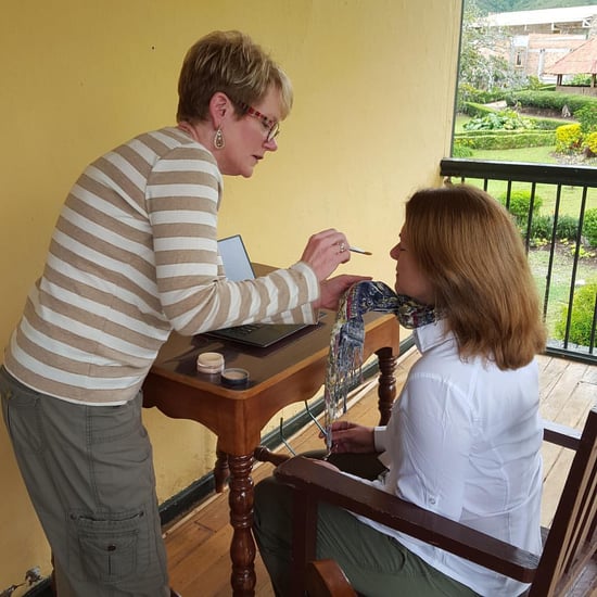 Sherry Brownrigg helps me prepare to tell our Colombia CRS Coffee stories to our friends at EWTN News Nightly via Skype from the patio at Villa Loyola.
