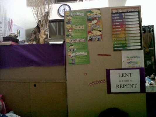 Our altar in the bedroom + the kids’s “learning” board (the back of their bookshelf, haha!)
