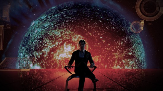 The leader of Cerberus, voiced by Martin Sheen, has to have a dying sun behind his chair. Because it just looks cool.