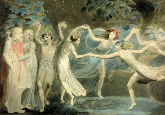 Oberon, titania and puck dancing, by William Blake, 1786. Public Domain 