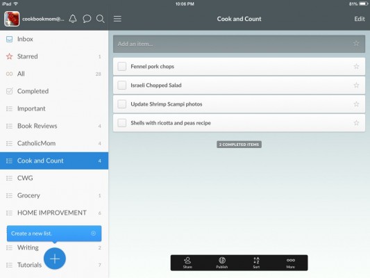 Screen capture of Wunderlist app for iPad. Copyright Barb Szyszkiewicz 2015. All rights reserved.