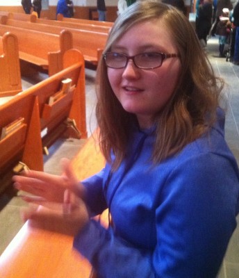 Danielle is out of the crying room and in the pew where she belongs!