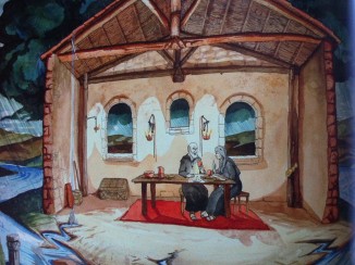 St. Benedict and St. Scholastica meet together to discuss the holy life. From The Life of St. Benedict by Br. John McKenzie.