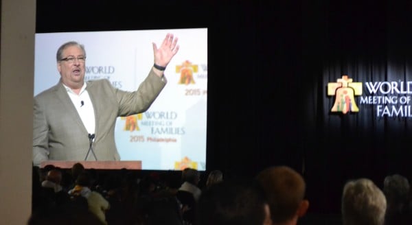 Protestant Pastor Rick Warren addresses the crowd at WMF2015, sharing the stage with Cardinal Sean O’Malley. Copyright 2015 Roxane Salonen. All rights reserved.