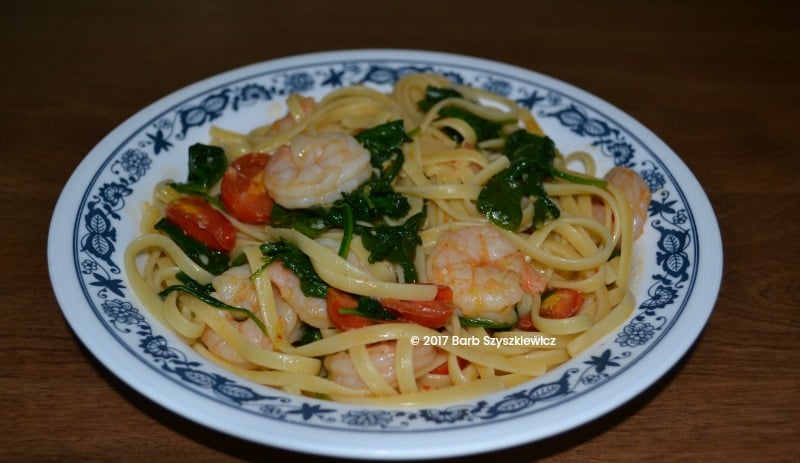 "Meatless Friday: Shrimp with Garlic, Tomatoes and Spinach over Pasta" by Barb Szyszkiewicz, OFS (CatholicMom.com)