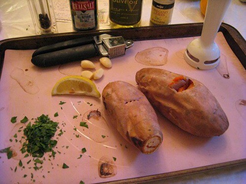 sweet potato garlic dip prep