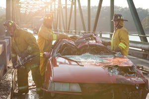 First responders work to extract Don from the mangled wreckage after he returns to life in 90 MINUTES IN HEAVEN, from Giving Films, LLC, releasing Sept. 11, 2015. (Photo credit: Quantrell Colbert) - Image used with permission