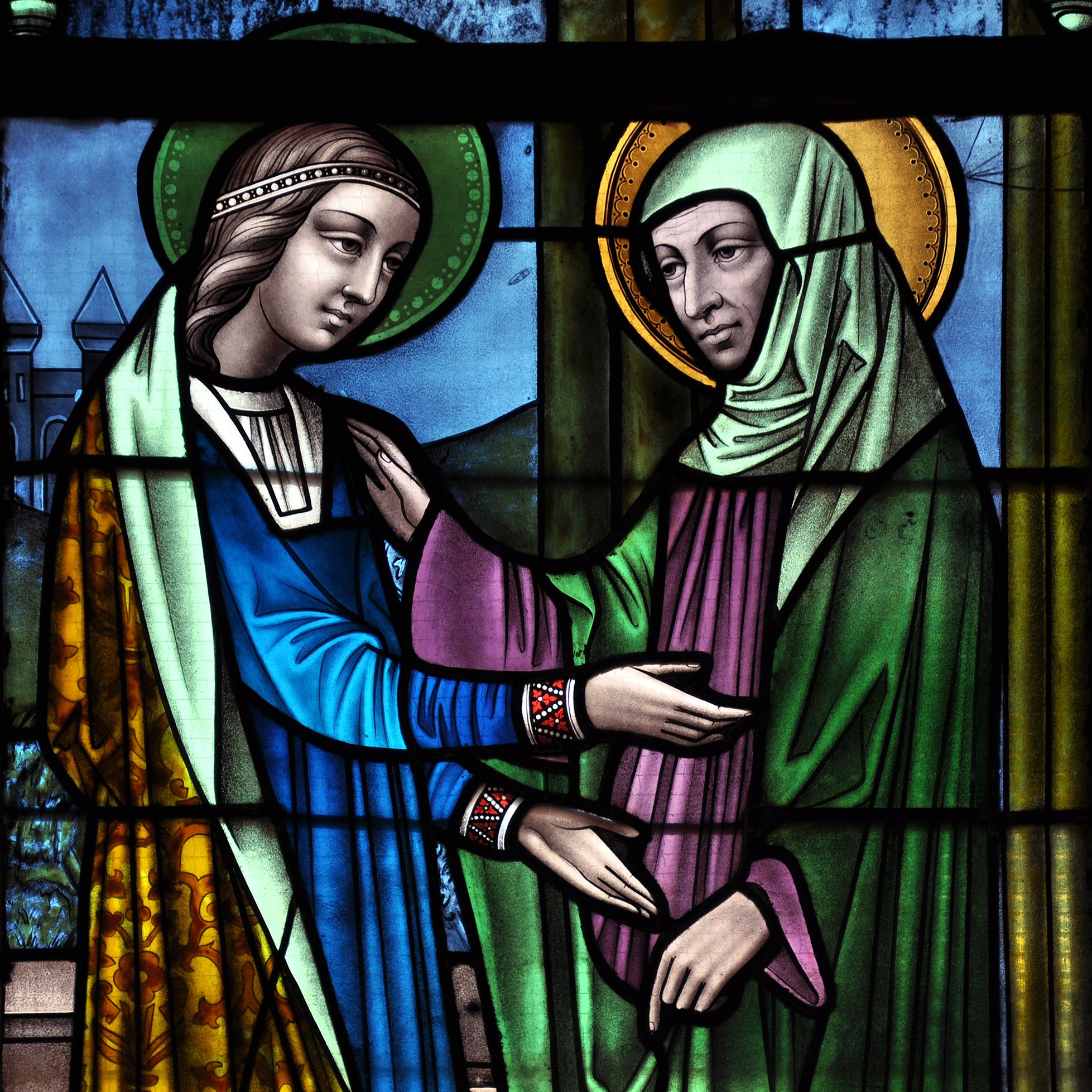 Liège_Eglise_saint-Jacques_Vitrail: stained glass window depicting the Visitation