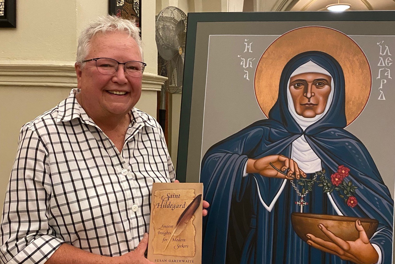 author Susan Garthwaite with icon of St. Hildegard and book