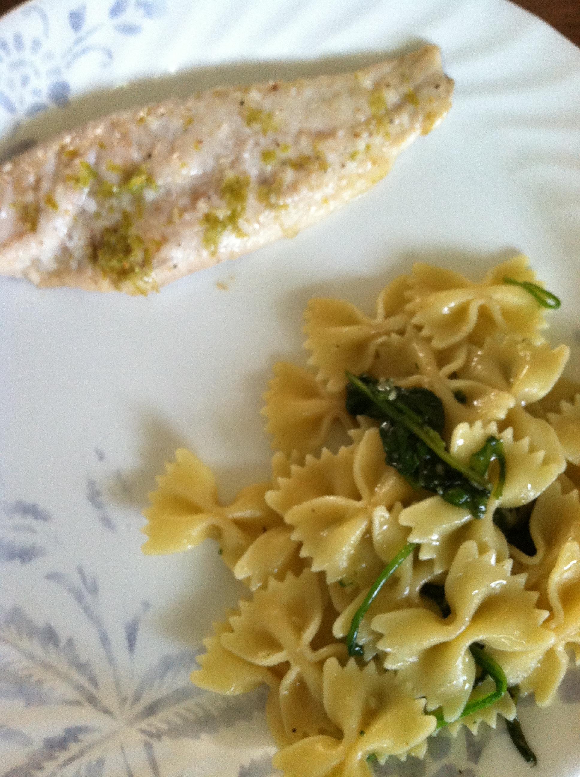 honey lime fish fillets with spinach garlic bow ties