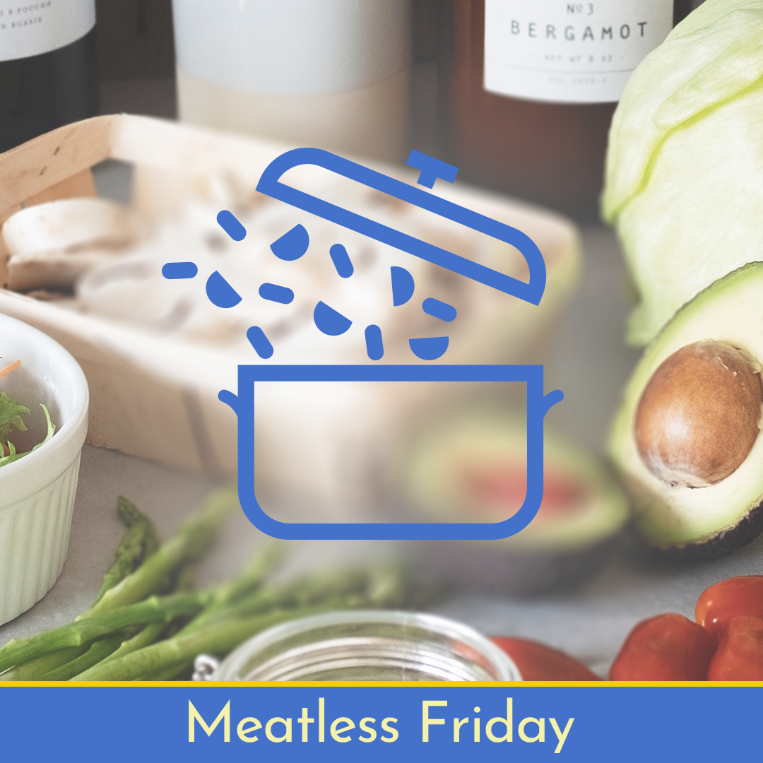 CatholicMom Meatless Friday logo with table of food, vegetables, oil and avocado